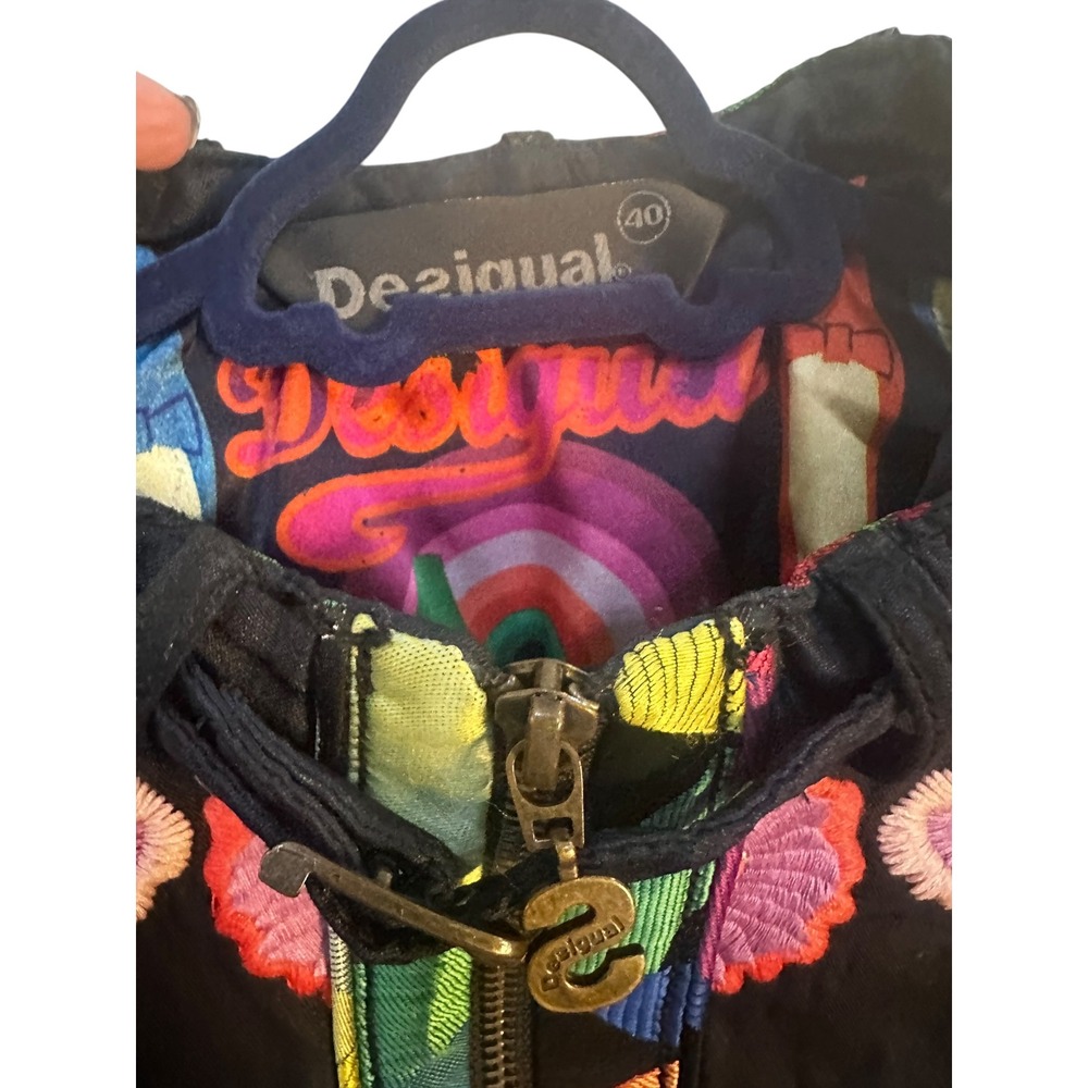 Desigual Jacket W. 40 Black Multi Color Floral Embroidered Moto Bomber Full Zip - Picture 7 of 13